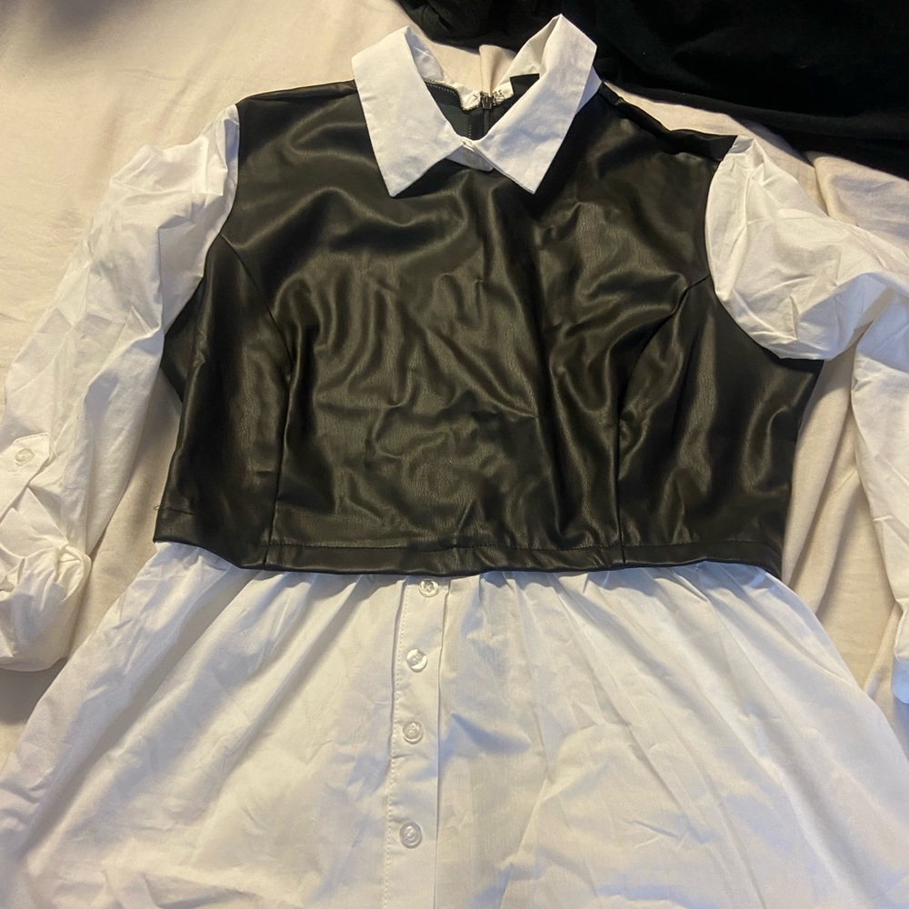 Black and white New York and company blouse leather  with buttons